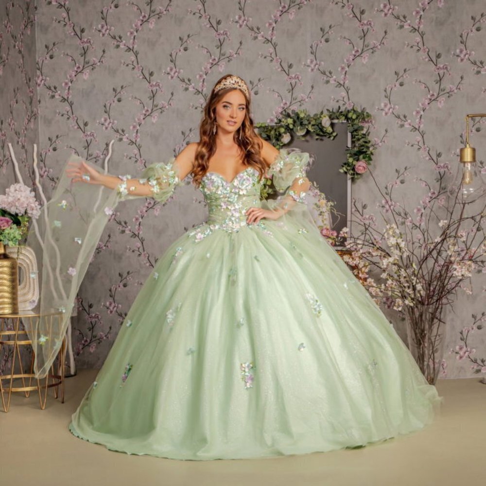 NEW LONG FORMAL BALL GOWN WITH REMOVABLE SLEEVES AND FLORAL APPLQIUE